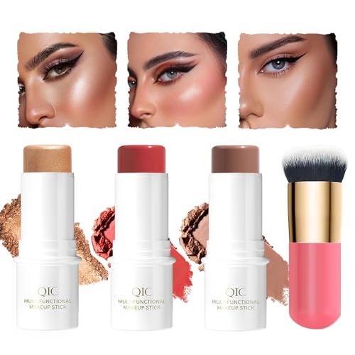 Ballindun Contour Stick, 3 Pcs Highlighter Stick Bronzer Stick Blush Stick, Non-Greasy Cream Contour, Long Lasting Blush for Cheeks, Create a Lightweight Makeup, Contour Brush Complimentary (MEDIUM)