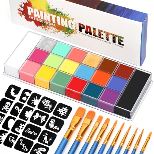 20 Colors Body Face Paint Cosplay Makeup Palette Kit, Professional Face Painting Kit for Kids & Adults with 10 Brushes, Red Black White Special Effects Paints Palette for Halloween