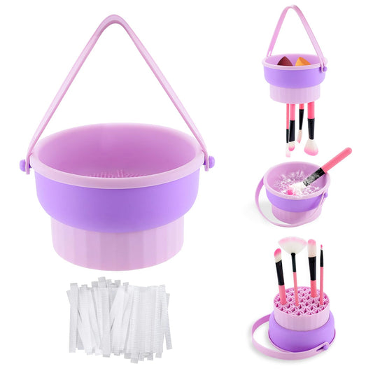 zxbaers Makeup Brush Cleaner Mat, 3 in 1 Silicone Makeup Brush Cleaning Bowl with Drying Holder Portable Cosmetic Brush Cleaner Pad (with 20 Makeup Brush Protector)